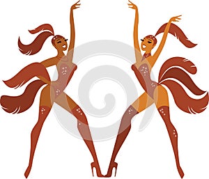 Beautiful cabaret show girls dancers in red sparkling costumes with plume