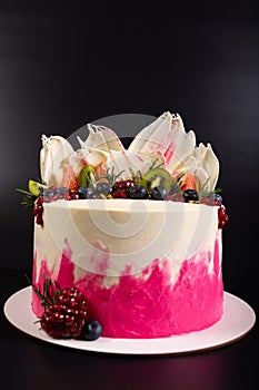 Beautiful cake on black background. Original topping on cake. New decorating of cakes