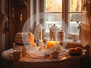 Beautiful cake, candles and tea set on table by the window at sunset