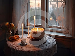 Beautiful cake, candles and tea set on table by the window at sunset