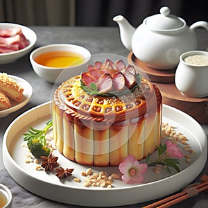 Beautiful cake decorated with fruits and vegetables on table, closeup