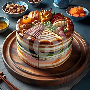 Beautiful cake decorated with fruits and vegetables on table, closeup