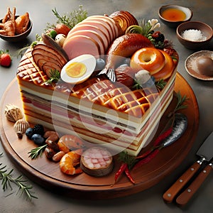 Beautiful cake decorated with fruits and vegetables on table, closeup
