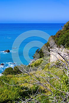 Beautiful Calabrian Landscape of the Coast of the Tyrrhenian Sea, Calabria, Italy. A Flock of Seagulls Flying Over the Sea Against