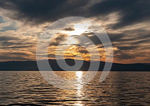 Beautiful calm lake with sunset