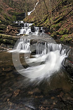 Beautiful calm landscape image of Scaleber Force waterfall in Yorkshire Dales in England during Winter morning