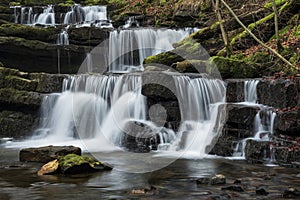 Beautiful calm landscape image of Scaleber Force waterfall in Yorkshire Dales in England during Winter morning