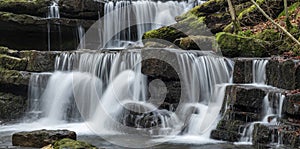 Beautiful calm landscape image of Scaleber Force waterfall in Yorkshire Dales in England during Winter morning