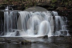 Beautiful calm landscape image of Scaleber Force waterfall in Yorkshire Dales in England during Winter morning
