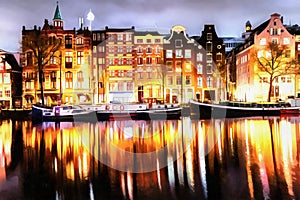 Beautiful calm night view of Amsterdam city. The works in the st