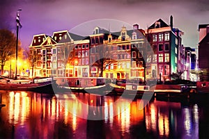 Beautiful calm night view of Amsterdam city. The works in the st