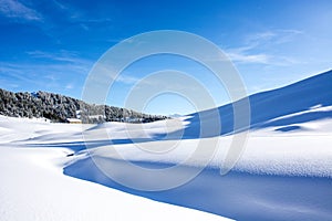 beautiful calm soft snow covered landscape in the backcountry. deep snow untouched. sunny day blue sky.