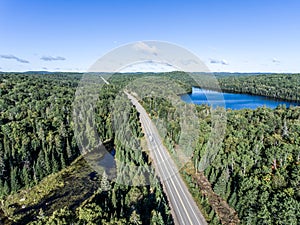 Beautiful Canada camper bus driving on road endless pine tree forest with lakes moor land aerial view travel background