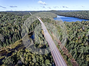 Beautiful Canada camper bus driving on road endless pine tree forest with lakes moor land aerial view travel background