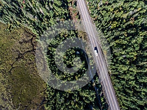 Beautiful Canada camper bus driving on road endless pine tree forest with lakes moor land aerial view travel background