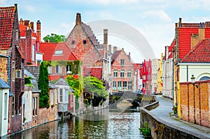 Beautiful canal and traditional houses in the old town of Bruges Brugge, Belgium