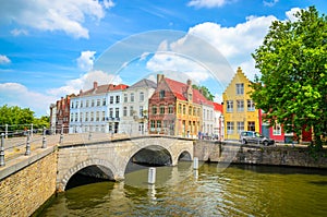 Beautiful canal and traditional houses in the old town of Bruges Brugge, Belgium