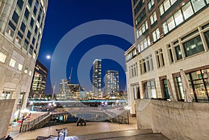 Beautiful Canary Wharf skyline at night, London from street leve