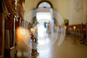 Beautiful candle wedding decoration in a church