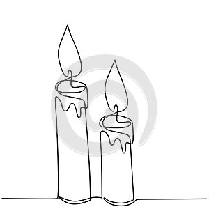 Beautiful candles continuous one line drawing. Two candlelight burning and melting. Hand-drawn of a couple of candles minimalism