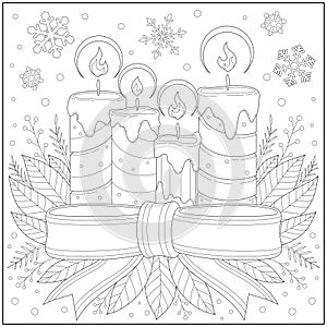 Beautiful candles in the snow with snowflake and beautiful ribbon. Learning and education coloring page