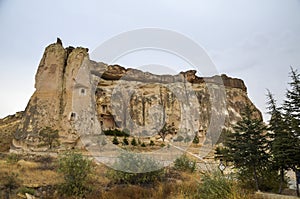 Beautiful Cappadocia landscape. Unique geological formations with stone rock houses and caves