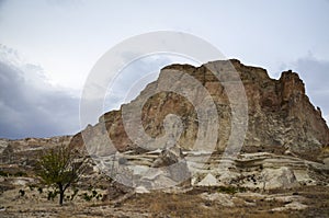 Beautiful Cappadocia landscape. Unique geological formations with stone rock houses and caves