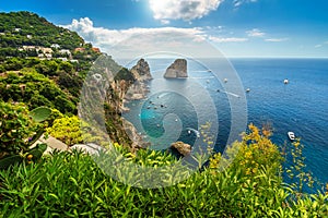 Beautiful Capri island,beach and Faraglioni cliffs,Italy,Europe