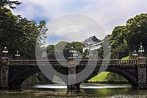 Beautiful and captivating view of seimon ironbridge from the gardens of Imperial palace in Tokyo Japan