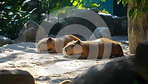 Beautiful capybaras resting outdoors on sunny day