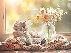 beautiful card with a cute kitten and a bouquet of flowers on the background of a window