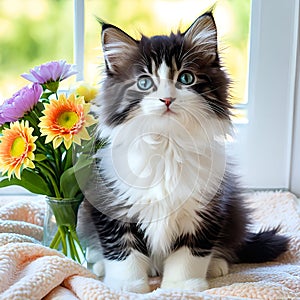 beautiful card with a cute kitten and a bouquet of flowers on the background of a window