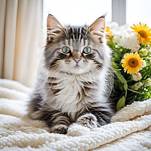 beautiful card with a cute kitten and a bouquet of flowers on the background of a window