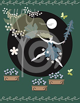 Beautiful card with girl - fairy in spring forest. Moon, cloud, butterflies, plant boxes, blooming tree. Eco design template