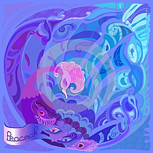 Beautiful card with peacock. Blue, violet and lilac design.