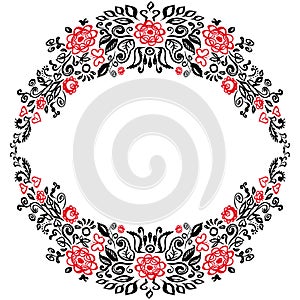 Beautiful card with a round summer wreath of different flowers folk art floral ornament Vintage elegant wedding invitation Red Bla