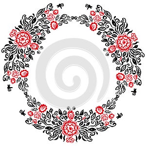 Beautiful card with a round summer wreath of different flowers folk art floral ornament Vintage elegant wedding invitation Red Bla