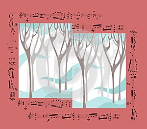 Beautiful card with winter forest and musical notes.