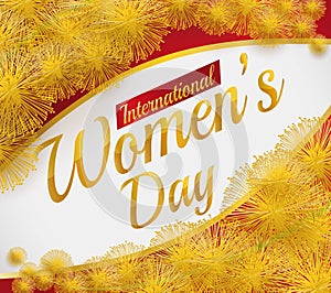 Beautiful Card for Women's Day with Mimosa Flowers and Golden Text, Vector Illustration