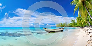 Beautiful caribbean sea and boat on the shore of exotic tropical island, panoramic view from the beach