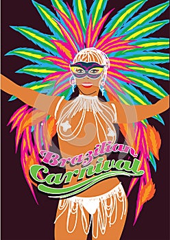 Beautiful carnival dancer, amazing costume. Vector illustration.