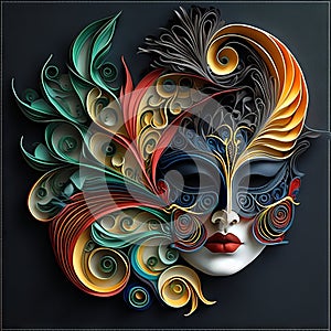 Beautiful carnival mask with floral ornament on dark background. Generative AI illustration