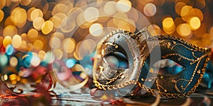 Beautiful carnival mask in shiny bokeh background. copy space for text