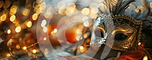Beautiful carnival mask in shiny bokeh background. copy space for text