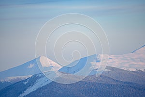 Beautiful Carpathian Mountains in Fog. Winter Sunset Landscape. Hoverla Mountain, Ukraine.