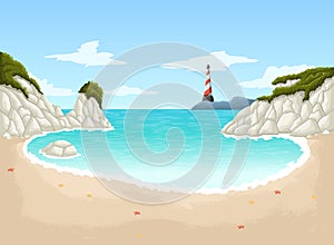 Beautiful cartoon beach with lighthouse.