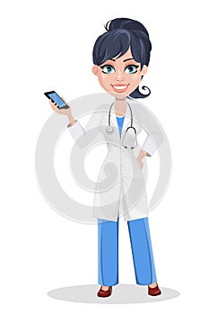 Beautiful cartoon character medic holding smartphone