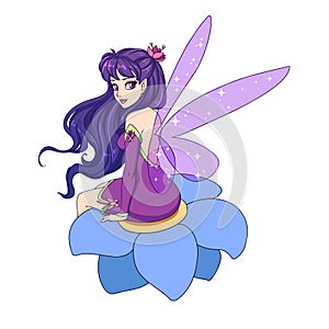 Beautiful cartoon fairy with shiny violet wings, purple hair sitting on flower