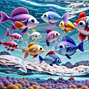 beautiful cartoon fish underwater in the ocean sea, cute, lofty 3d character, children\'s toy