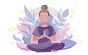 Beautiful cartoon girl meditating in yoga lotus pose on background with hand drawn colorful leaves.
